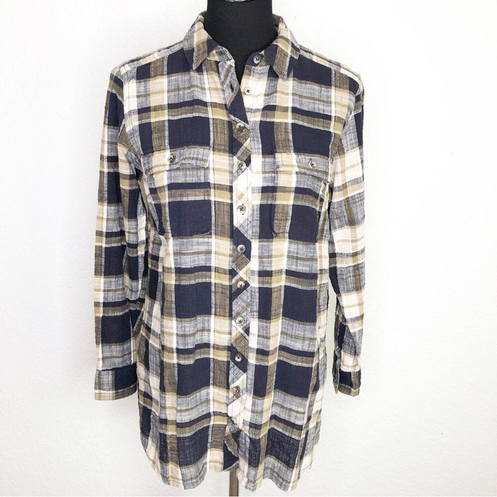 Fat Face navy‎ blue tan and cream plaid button down top size 12